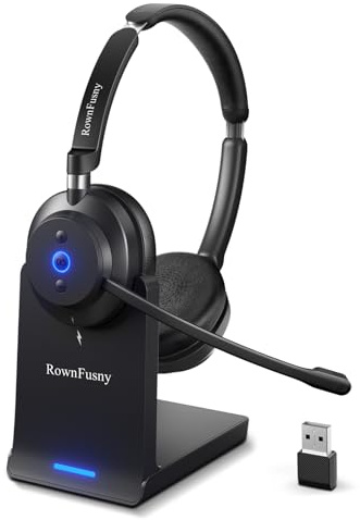 Wireless Headset with Mic for Work, Clear Sound ＆ Comfortable ＆ Stable Connection, Bluetooth Headphones with Microphone, Wireless Headset with Charging Base & USB Dongle for Office/Home/Call Center