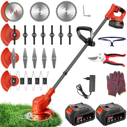 Decespugliatore a Batteria,Tagliabordi a Batteria 800W con 2 Batterie da 4.0AH, 4 Tipi di Lame, Asta Pieghevole e Impugnatura Regolabile, Testa Orientabile a 90° Per Rifinire Facilmente Giardino