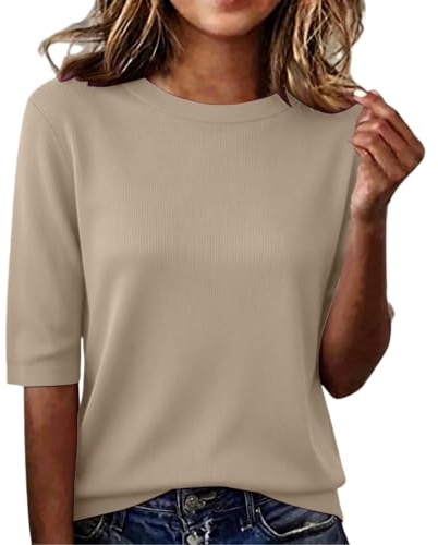 Maglietta Donna Maniche Corte Elegante Estive T-Shirt Casual Girocollo Tinta Unita Magliette Base Tee Shirt Top Bluse Classica Comoda e Versatile T-Shirt Moda Abbigliamento