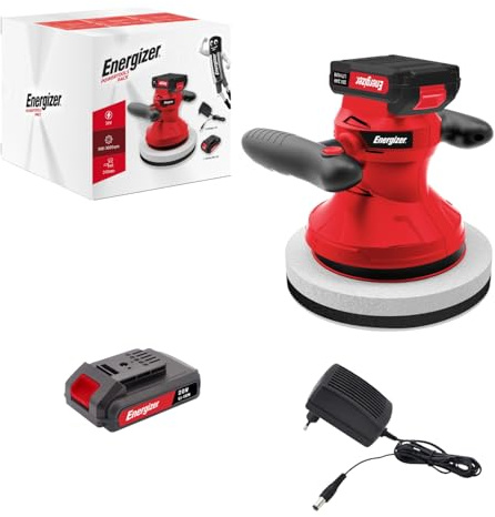 Energizer - Pulidor de coche orbital inalámbrico, 20 V, 6 velocidades, 2000 – 6000 OPM, bandeja 125 mm, cepilladora carrocería, moto, barco, batería de 2,0 Ah y cargador incluido, color rojo