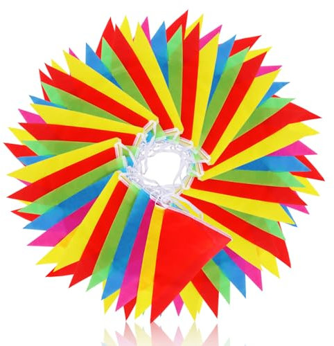 Vicloon Wimpelkette Outdoor Wetterfest, 38M 100 Wimpel, Wimpel Banner Mehrfarbig Wimpelkette, Wetterfest Stoff Wimpel für Garten, Garten Deko Girlande Bunt für Hochzeit Party Festival Dekoration