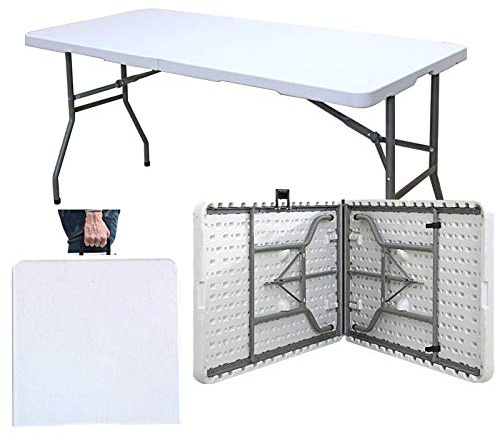 sogesfurniture Table de Jardin Blanc en Plastique - Intérieure/Extérieure/, Table Pliante pour Camping Traiteur Buffet Picnic, Portable avec Poignée, 152x71x74cm, HP-152CZ-BH