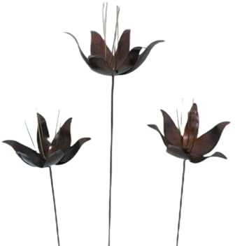 Thai Gifts Set of 3 Handcrafted Metal Lily Flowers - Bronze, 100cm Tall Unique Garden Stakes for Pots & Borders - Durable, Handcrafted Outdoor Decorations - Fairly Traded Garden Art
