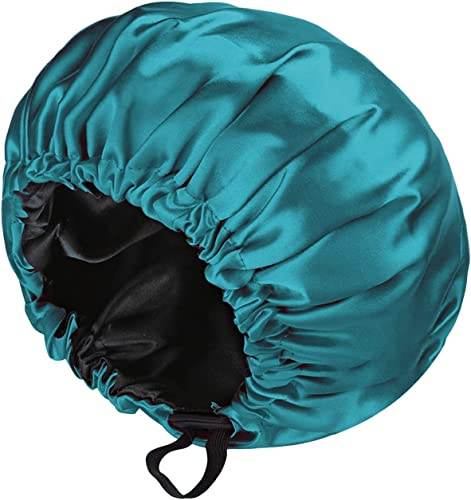 Cuffia Seta Capelli Ricci, Cuffia Capelli Ricci Notte Bonnet, Cappello da Notte Raso, Doppio Strato Cuffia Capelli Notte,Copricapo Regolabile Con Coulisse, per Donne, Ciano