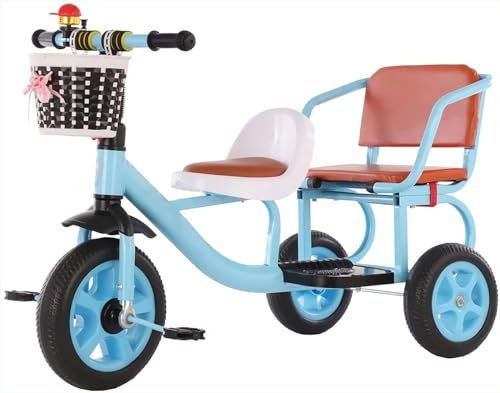 JIYIAN – Högkolstål barn trehjuling, mjuk och bekväm, pedal kan bära baksäten, tandem trehjuling för pojkar och flickor i åldrarna 2+, blå
