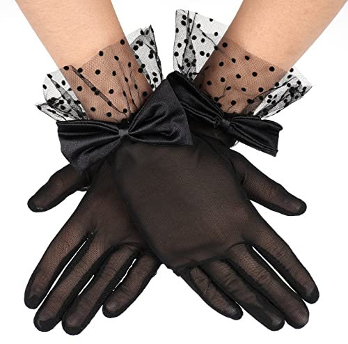 Damen Spitzen Handschuhe - Schwarze Kurze Braut Vintage Net Rüschenhandschuhe Mit Schleife - Tea Party, Abend, Hochzeit, Abschlussball, Halloween Kostüm Zubehör