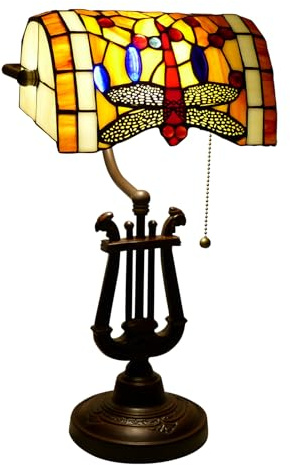 VirtueKing Dragonfly Bankers Lamp Antique Desk Lamps Stained Glass Banker Table Lamp with Pull Chain, Vintage Desk Lamp for Home Office, with Color Changing LED Bulb