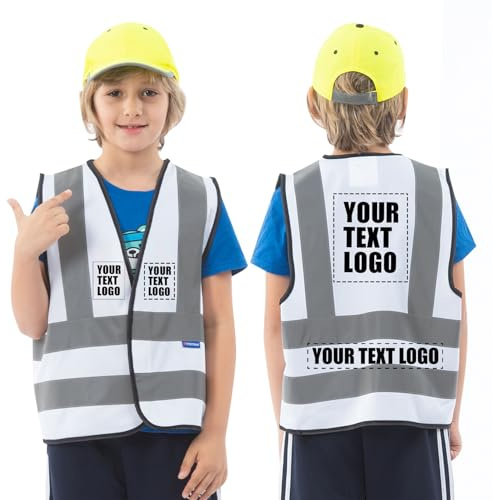 AYKRM Personalisierte bedruckbare warnweste kinder 10-14 jahre Weiß Sicherheitsweste Schutz für Jungs Mädchen