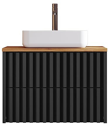 Lomadox Waschtisch Unterschrank 80 cm mit 2 Schubkästen Waschtischplatte Wotan Eiche Nb. Keramik Aufsatzwaschbecken in schwarz mit Lamellenfront B/H/T 80,4/72,5/45,5 cm