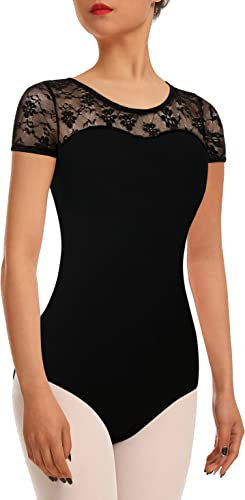 DANSHOW Damen Ballett Tanztrikot mit Spitze,kurzärmelig,Tanzbekleidung mit hohlem Rücken Ballett Trikot(7037-06-L)