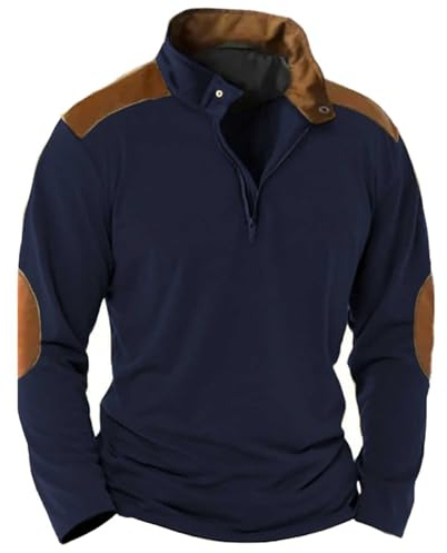 Generisk tröja för män med ståkrage, halv dragkedja tröja för män bomull, arbetströja färgkontrast, sweatshirt med armbågsskydd, tröja, säckig huvtröja utan huva, sweatjacka, marinblå, M