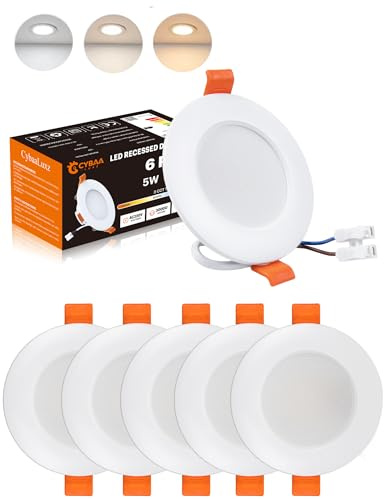 CybaaLuxz LED Einbaustrahler, 5W 550LM, Φ80-85mm, 3000K/4000K/6500K Dimmbar, 3 CCT in 1 Flach Spots Einbauleuchten, 6 Stück