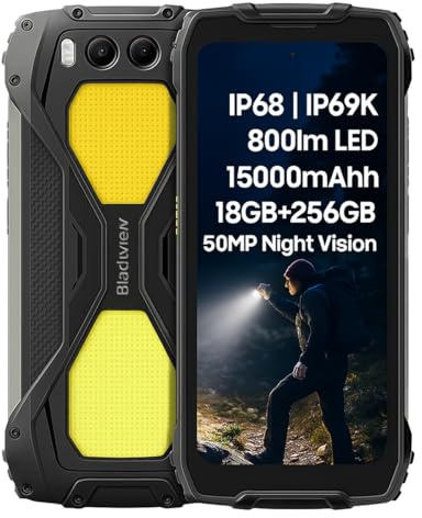 Blackview BV7300 Smartphone Rugged, Luci da Campeggio Dual 800LM, Batteria 15000mAh, 18GB+256GB, 6,67'' 90Hz HD+, 50MP Fotocamera Visione Notturna, Telefono Impermeabile IP68 Android 14, NFC Nero