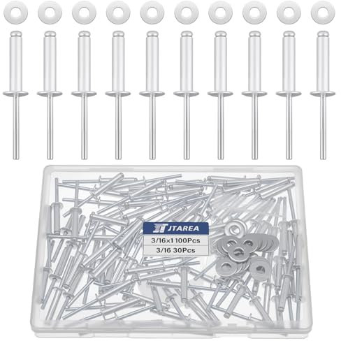 JTAREA 130 Stück 4,8 × 25 mm Aluminium Blindnieten mit Unterlegscheiben Nieten Popnieten Blindniete Großkopf Alu Kernnieten mit Rundem Kopf (Silber)