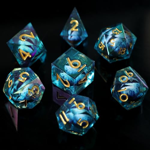 Elifel Dés DND Set Faits à la Main en placage irisé 7 pièces, Ensemble de Matrices DND à Bord Tranchant en résine D&D pour Jeux de rôle Donjons et Dragons avec Coffret Cadeau