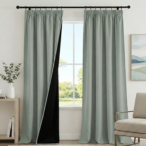 PONY DANCE 100% Blackout Thermal Insulated Curtains, 52x90 Inch, Sage Green | Pencil Pleat Rod Pocket Curtains for Bedroom and Living Room, 2 Panels, Noise Reduction, Light Blocking & Privacy Drapes