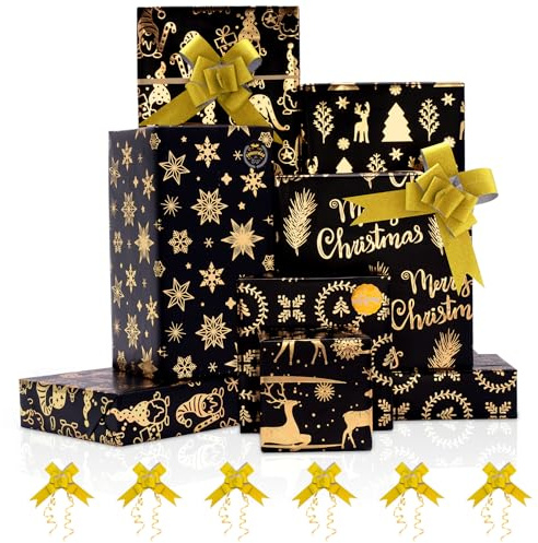 Larcenciel Papel Regalo Navidad Negro y Dorado, 6 Hojas Papel de Regalo Metálico Brillante + Pegatina + Lazos de Regalo, Envoltorio Regalo con Plumas y Alces para Año Nuevo, Navidad, Fiesta, 70x50cm