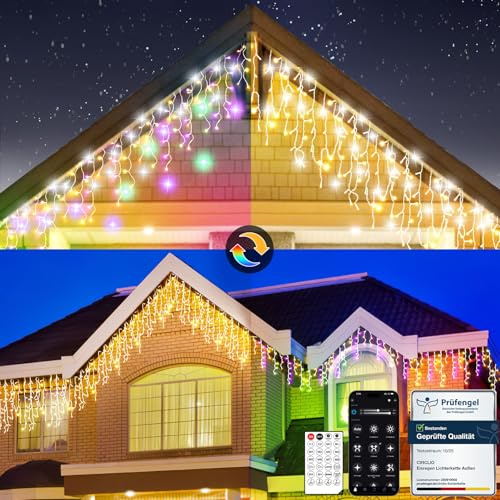 Luci Natale da Esterno Cascata, Luci Natale Esterno Bianco Caldo e RGB, Tenda Luci Natale Esterno con APP e Telecomando, 17 Modalità, 4 Luminosità, Timer, Decorazioni Natale Esterno(5M-200L,C/RGB)