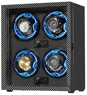 GLOKUUCA 4 Watch Winder for Automatic Watches, Wooden Rotating Watch Case 4 Rotation Modes Setting Display Box with LED Light, USB Powered Super Quiet(Black Carbon Fiber)