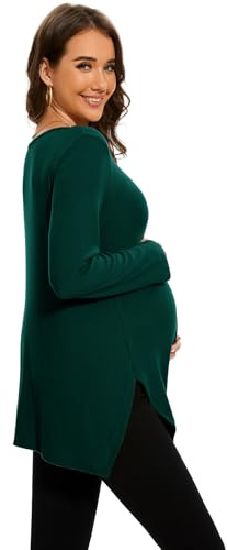 Smallshow Women's Maternity Tops Side Split Knit Shirts Long Sleeve Pregnancy Clothes,Deep Green,M