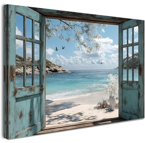 Immagine da parete in stile vintage con cornice 30 x 40 cm – finestra aperta sulla spiaggia, immagine su tela per soggiorno, camera da letto, cucina, ufficio – set di immagini moderne con ganci