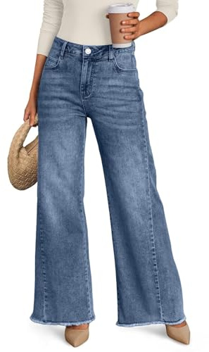 LILLUSORY Women's Wide Leg Baggy Jeans for Women UK, Relaxed Loose Straight Leg with Raw Hem, Comfort Denim Trousers, Capsule Wardrobe Clothing Blue 14