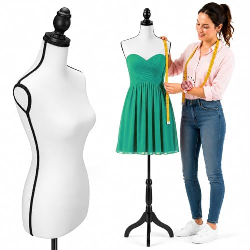 Maniquí Busto Sartorial Femenino De Costura para Prendas Ropa Tailleur Torso De Mujer Altura Ajustable para Vitrinas con Trípode Estructura De Madera 42 x 170 cm (Total White)