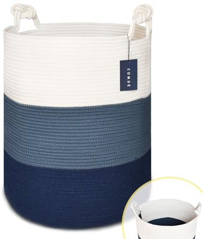 COMSE Extra Large Blanket Basket, Tall Woven Storage Basket, Nursery Hamper, 40 x 55 CM, Cotton Rope Laundry Hamper for Toys Clothes Towels, White/Cadet blue/Navy Blue