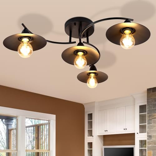 GBLY Deckenlampe Vintage Deckenleuchte E27 Retro Schwarz Wohnzimmerlampe 4 Flammig Industrial Flurlampe Innen Schlafzimmerlampe Esszimmerlampe Wohnzimmer Beleuchtung - Leuchtmittel nicht enthalten