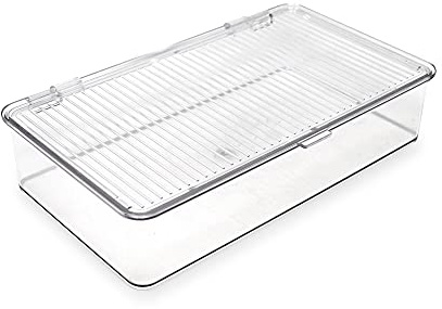 Isaac Jacobs Small Stackable Organizer Bin (10.75” x 6.5” x 2.4”) w Hinged Lid Clear Storage Box Home Office School Fridge Bathroom Kitchen Pantry Container BPAFree Food Safe (Small Clear)