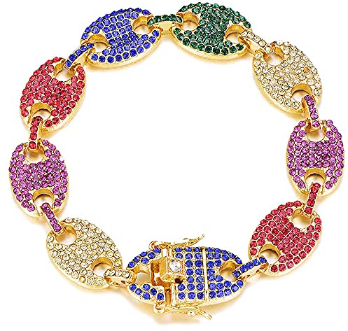 Apzzic 13mm Iced Out Miami Cuban Link Coffee Bean Chain Gold Plated Rainbow Multicolor Lab Diamond Full CZ Choker Bracelet for Men Women Gold Colorful 8Inch