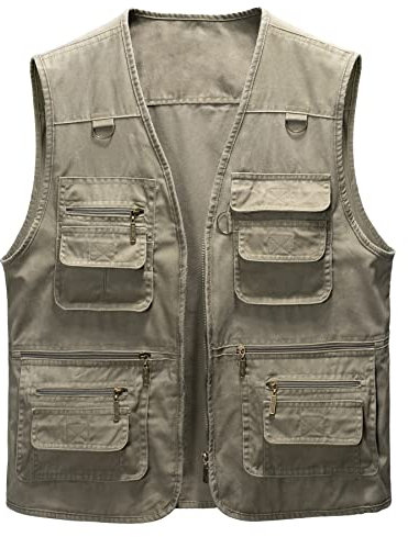 Oralidera Herren Outdoor Weste Freizeit Jacke Leicht Safari Weste mit Reißverschluss Jagd und Angler Fotografie Wandern Weste Anglerweste mit Vielen Taschen, Khaki, XL