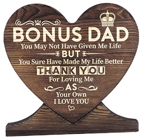Father's Day Stepdad Gift Wood Sign for Birthday, Christmas - Heart Plaque for Bonus Dad - Sentimental and Meaningful Gifts
