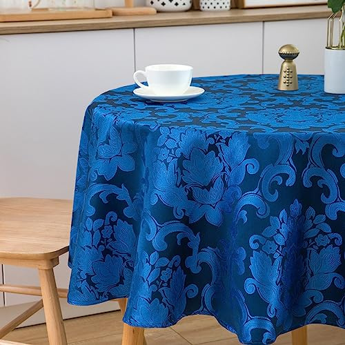 SPRICA Round Jacquard Tablecloth 150cm Classic Flower Pattern Thick Heavy Weight Soft Table Cover, Machine Washable, Jewel Blue