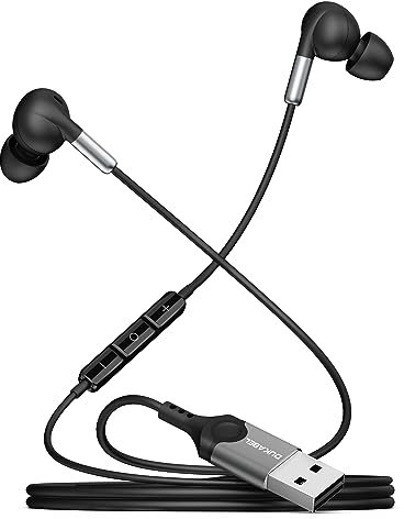 DuKabel USB In Ear Kopfhörer für PS5 PS4, USB PC Headset mit Mikrofon und In-line Steuerung Kabelgebunder Ohrhörer für PC Laptop - Schwarz
