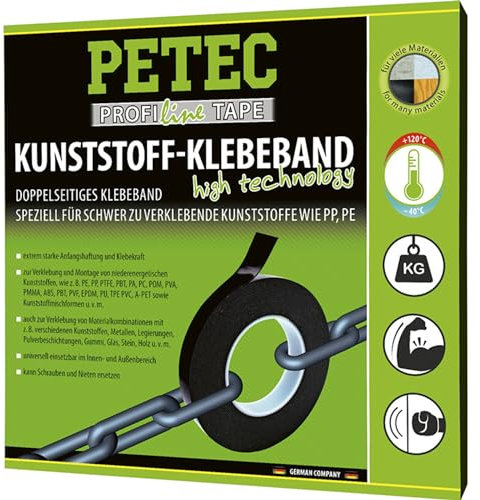 PETEC Doppelseitiges Klebeband extra stark in schwarz für Kunststoffe (PE, PP, ABS) Kunststoff Kleber 10m für schwer zu verklebende Materialien 87210
