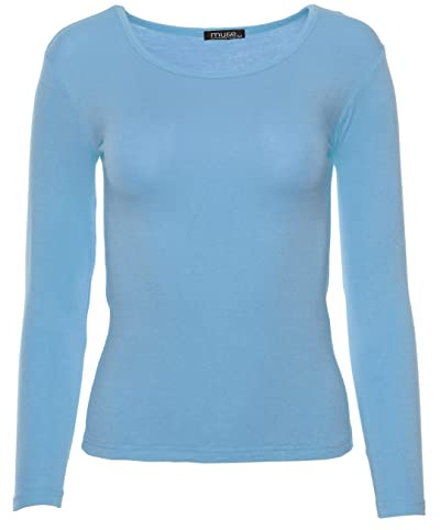 Easy Young Fashion - Damen Basic Rundhals Shirt - Langarm Unterziehshirt - Skinny Fit 1093 - Hellblau L