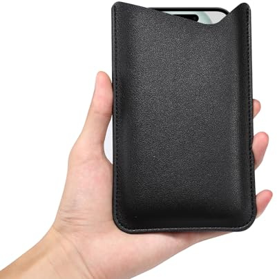 Leather Phone Pouch for Women Men, Leather Thin Cell Phone Cases, 6.5 Universal Smartphone Holster Cellphone Privacy Protection Phone Sleeve Purse Wallet Handbag for iPhone 15 14 13 12 Pro Max, Black
