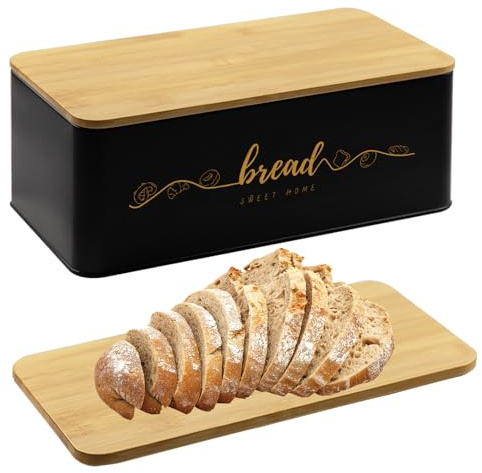 Holismo Bread Box with Bamboo Cutting Board Lid, Metal Bread Box for Kitchen Counter, Small Bread Storage Container, Black Bread bin for Kitchen Countertop