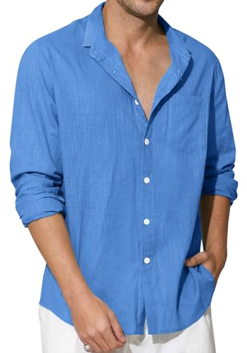 Enlision Camisas Lino Hombre Manga Larga Verano de Algodon Casual Camisa Henley Shirts Cuello Mao Color Sólido Elegantes Playa Boda Vacaciones S-4XL