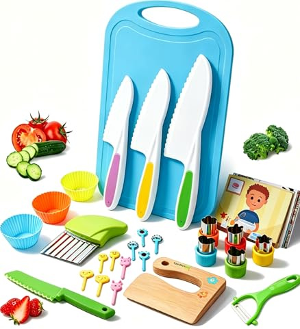 Kids Knife Set - Toddlers Safe Knife Set Kitchen Tools for Real Cooking - Montessori Wood Knives Sets with Y-Peeler Cutting Board Fruit Vegetable Crinkle Cutters Shapes