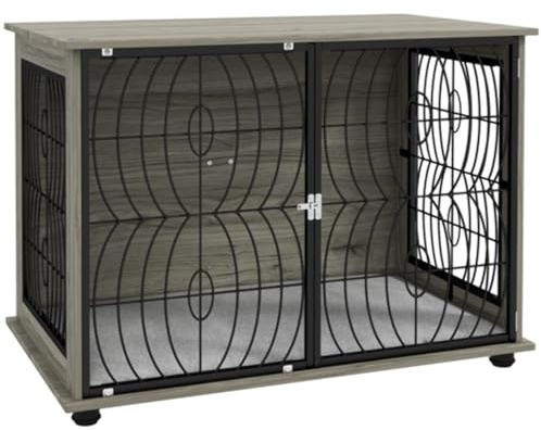 PawHut Dog Crate Furniture, Dog Cage End Table with Large Top, Soft Washable Cushion, Lockable Front Door, Wire Mesh Ventilation, Indoor Pet Crate for Medium Sized, 80 x 56 x 63cm - Grey