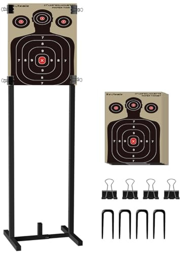 Koutemie Supporto per bersagli da tiro da esterno con 10 bersagli di carta da 43 x 63 cm, supporto resistente con base regolabile per sagome in cartone, forma a H, nero