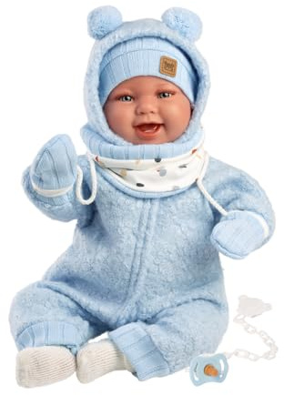 Llorens 1018479 Babydocka Talo, med blå ögon och mjuk kropp, babydocka inklusive fluffig blå vinteroutfit, napp, nappkedja, 44 cm