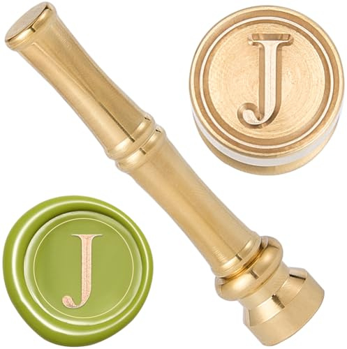 CRASPIRE Initial J vax försegling stämpel alfabet tätning vax stämplar 15 mm gyllene metall mässing retro vintage bokstav mini stämpel med bambukinne handtag för tacksägelsekort kuvert bröllopsfest