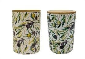 Générique Vaso decorativo per cipolle con motivo olive, coperchio in legno, confezione da 2