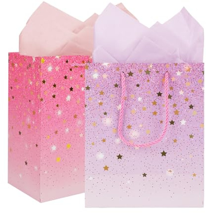 TACHIO Gift Bags, 2Pcs Paper Gift Bag with 4 tissue papers, Birthday Gift Bag for Presents, Weddings, Festival Celebration, Showers, Boutiques, 18x10x23cm, Pink and Light Purple