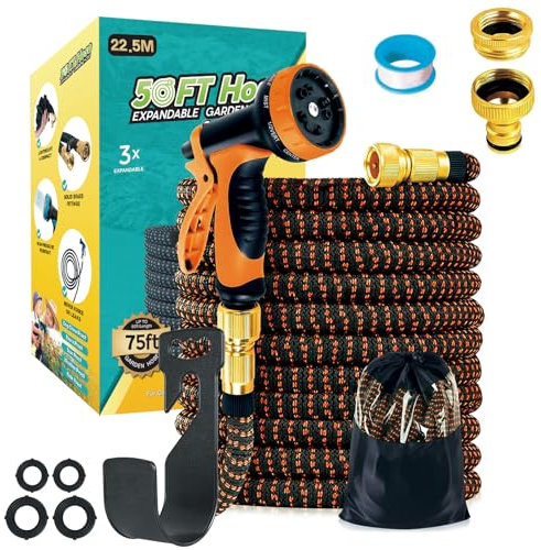 Funnity Manguera Jardin Extensible 22.5 Metros, Mangeras Jardineria Flexible con 10 Funciones Pistola, Boquilla Manguera Terraza Retractil Con 3/4 1/2 Conector