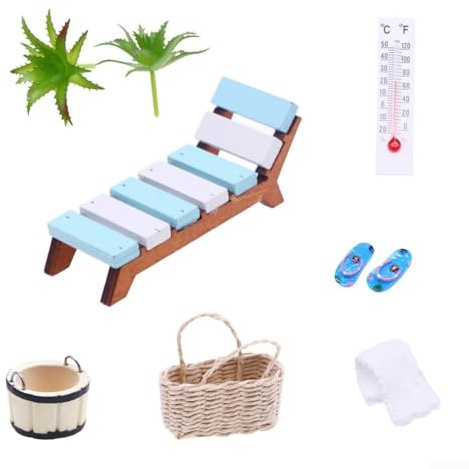 Set di 16 accessori per sauna in miniatura per decorazione a tema tra cui lettino, secchio, infradito, asciugamano, cestino, tavolo, termometro, libro, vassoio, bottiglia di vino, tazze, secchiello