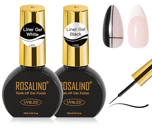 ROSALIND Gel Liner Vernis Semi Permanent UV, 2 Couleurs 10ml Noir Blanc Vernis Gel Liner Set, Soak-Off UV LED Painting Gel pour ongles DIY Salon Nail Design